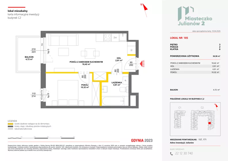 2 pokoje, mieszkanie 36,56 m², piętro 3, oferta nr C2/185, Miasteczko Julianów 2, Julianów, ul. Architektów