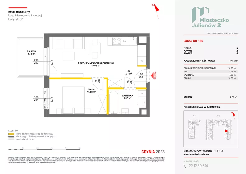 2 pokoje, mieszkanie 37,55 m², piętro 3, oferta nr C2/186, Miasteczko Julianów 2, Julianów, ul. Architektów