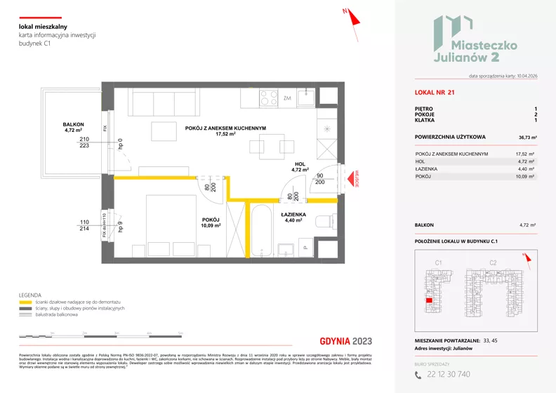 2 pokoje, mieszkanie 36,73 m², piętro 1, oferta nr C1/21, Miasteczko Julianów 2, Julianów, ul. Architektów
