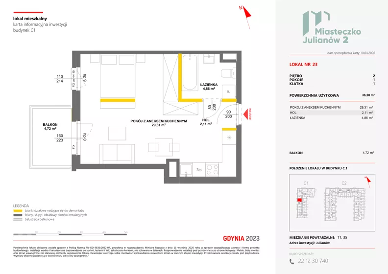 1 pokój, mieszkanie 36,28 m², piętro 2, oferta nr C1/23, Miasteczko Julianów 2, Julianów, ul. Architektów