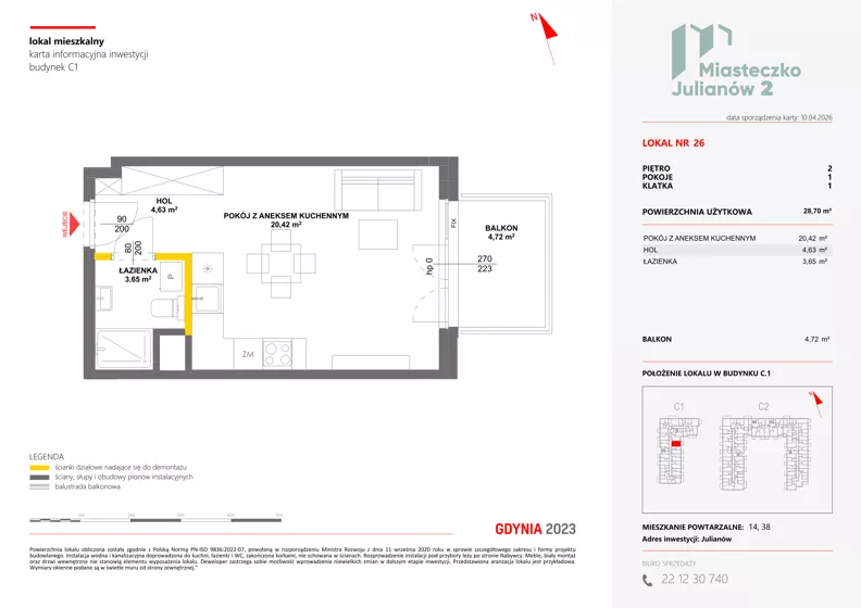 1 pokój, mieszkanie 28,70 m², piętro 2, oferta nr C1/26, Miasteczko Julianów 2, Julianów, ul. Architektów