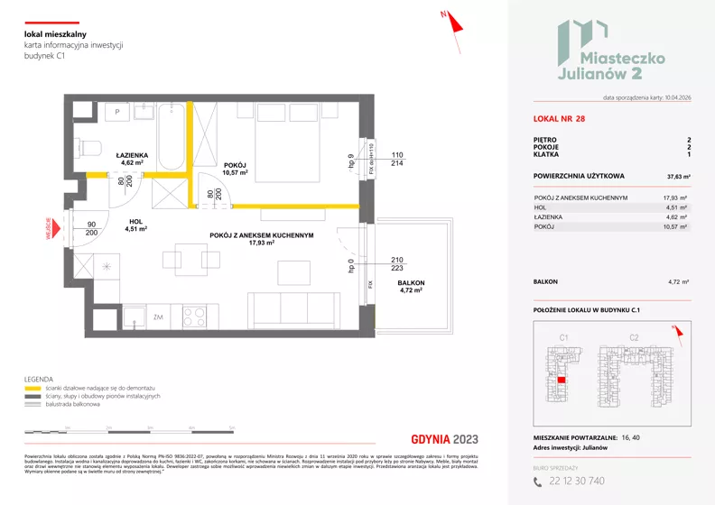 2 pokoje, mieszkanie 37,63 m², piętro 2, oferta nr C1/28, Miasteczko Julianów 2, Julianów, ul. Architektów