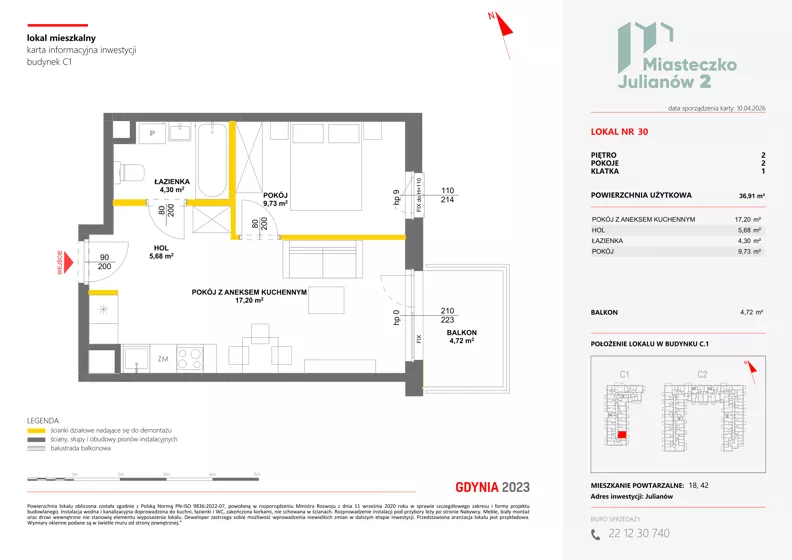 2 pokoje, mieszkanie 36,91 m², piętro 2, oferta nr C1/30, Miasteczko Julianów 2, Julianów, ul. Architektów