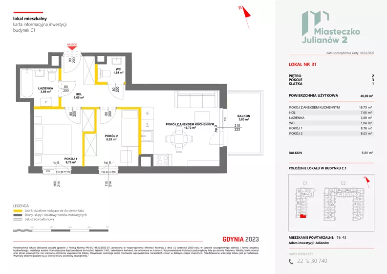3 pokoje, mieszkanie 46,90 m², piętro 2, oferta nr C1/31, Miasteczko Julianów 2, Julianów, ul. Architektów