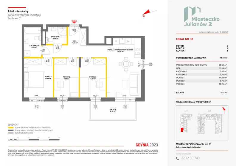 4 pokoje, mieszkanie 71,72 m², piętro 2, oferta nr C1/32, Miasteczko Julianów 2, Julianów, ul. Architektów