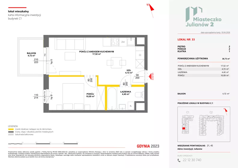 2 pokoje, mieszkanie 36,73 m², piętro 2, oferta nr C1/33, Miasteczko Julianów 2, Julianów, ul. Architektów