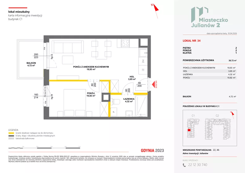 2 pokoje, mieszkanie 38,72 m², piętro 2, oferta nr C1/34, Miasteczko Julianów 2, Julianów, ul. Architektów