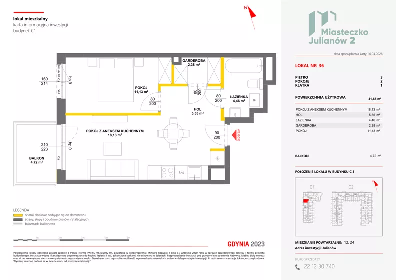 2 pokoje, mieszkanie 41,65 m², piętro 3, oferta nr C1/36, Miasteczko Julianów 2, Julianów, ul. Architektów