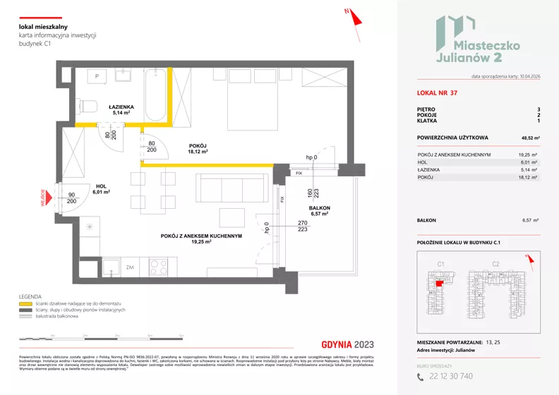 2 pokoje, mieszkanie 48,52 m², piętro 3, oferta nr C1/37, Miasteczko Julianów 2, Julianów, ul. Architektów