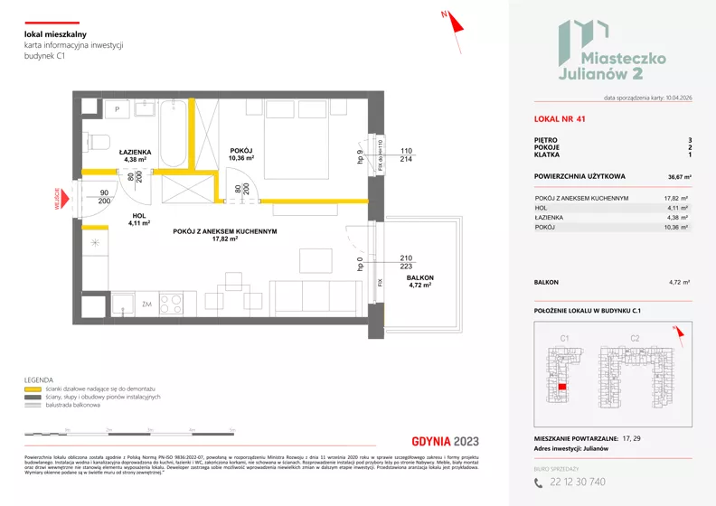 2 pokoje, mieszkanie 36,67 m², piętro 3, oferta nr C1/41, Miasteczko Julianów 2, Julianów, ul. Architektów