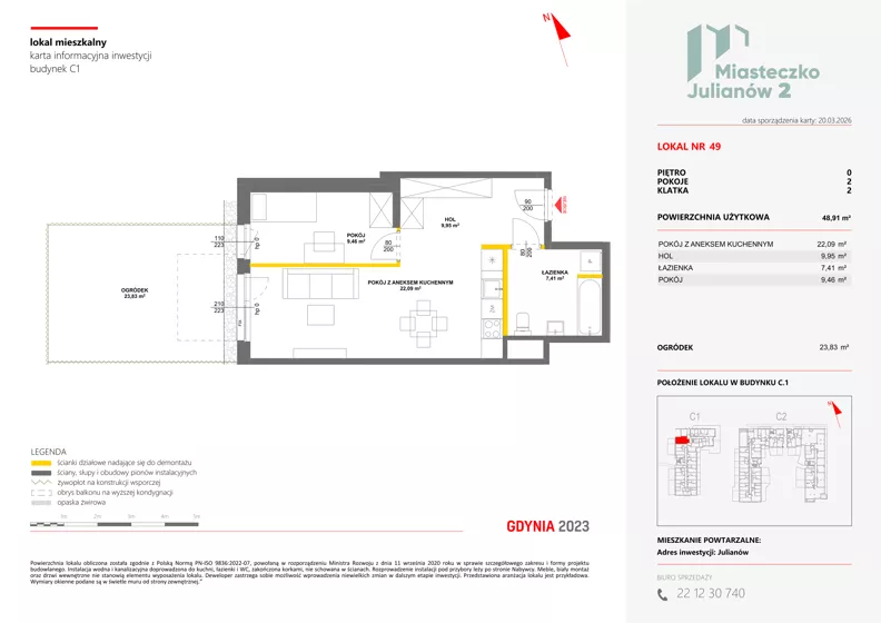 2 pokoje, mieszkanie 48,91 m², parter, oferta nr C1/49, Miasteczko Julianów 2, Julianów, ul. Architektów