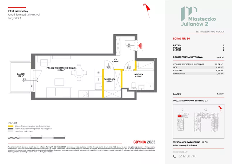 1 pokój, mieszkanie 39,10 m², piętro 1, oferta nr C1/50, Miasteczko Julianów 2, Julianów, ul. Architektów