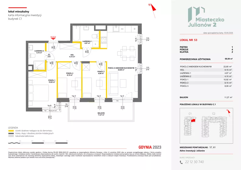 4 pokoje, mieszkanie 68,08 m², piętro 1, oferta nr C1/53, Miasteczko Julianów 2, Julianów, ul. Architektów