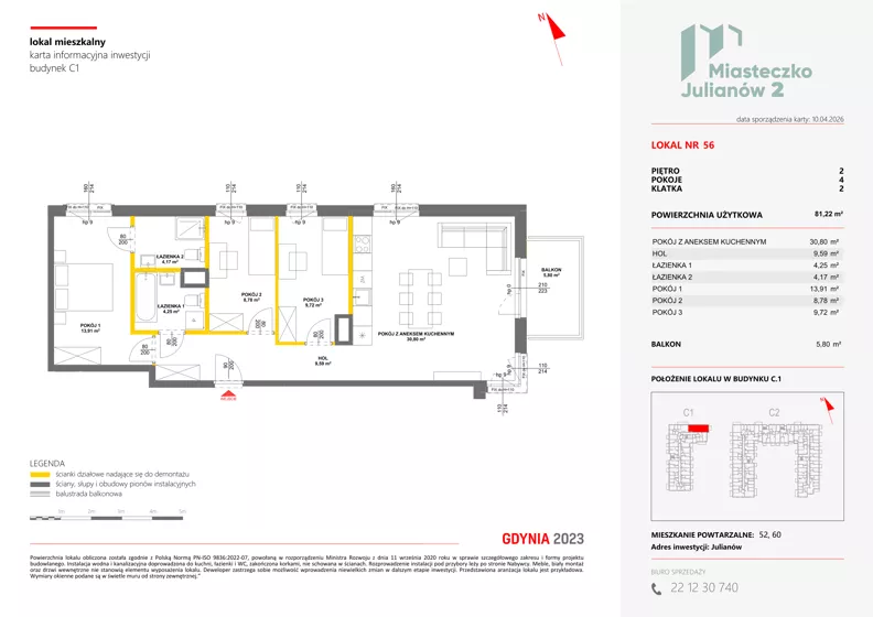 4 pokoje, mieszkanie 81,22 m², piętro 2, oferta nr C1/56, Miasteczko Julianów 2, Julianów, ul. Architektów