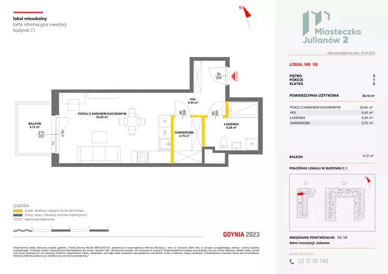 1 pokój, mieszkanie 39,10 m², piętro 3, oferta nr C1/58, Miasteczko Julianów 2, Julianów, ul. Architektów