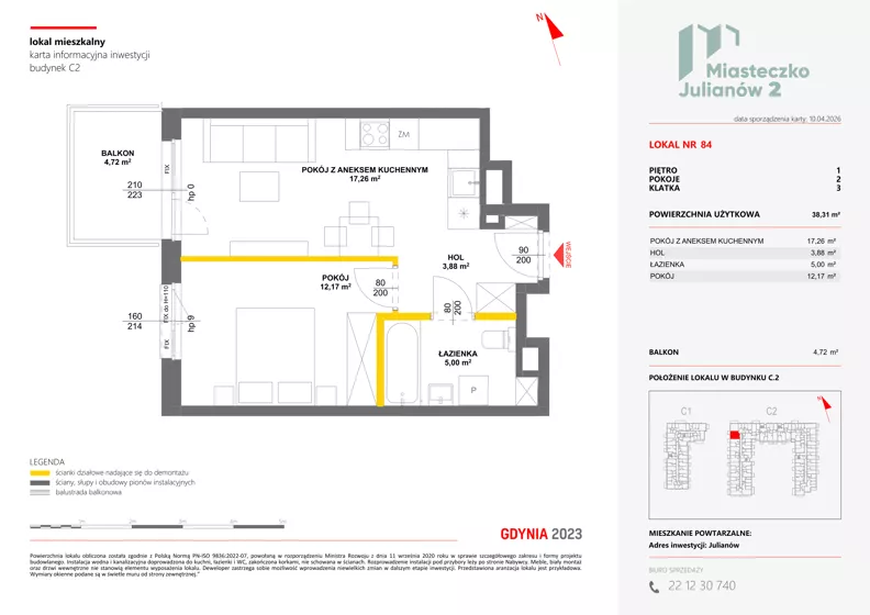 2 pokoje, mieszkanie 38,31 m², piętro 1, oferta nr C2/84, Miasteczko Julianów 2, Julianów, ul. Architektów
