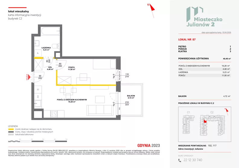 2 pokoje, mieszkanie 40,49 m², piętro 1, oferta nr C2/87, Miasteczko Julianów 2, Julianów, ul. Architektów