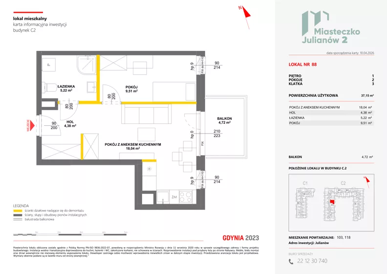 2 pokoje, mieszkanie 37,16 m², piętro 1, oferta nr C2/88, Miasteczko Julianów 2, Julianów, ul. Architektów