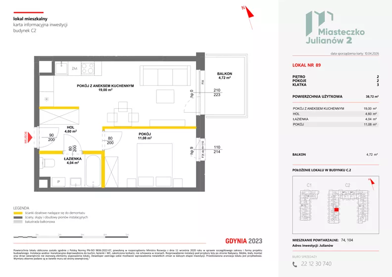 2 pokoje, mieszkanie 38,72 m², piętro 2, oferta nr C2/89, Miasteczko Julianów 2, Julianów, ul. Architektów