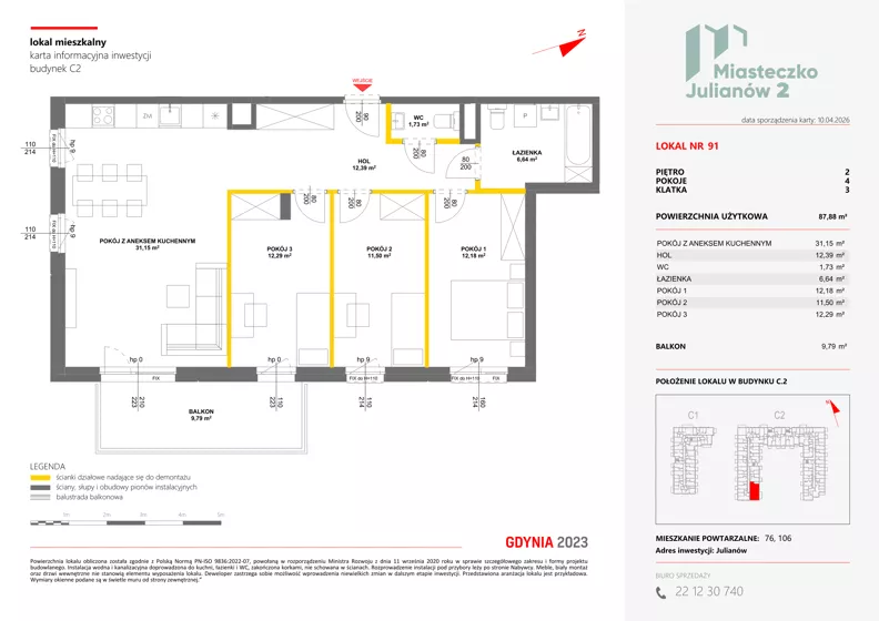 4 pokoje, mieszkanie 87,88 m², piętro 2, oferta nr C2/91, Miasteczko Julianów 2, Julianów, ul. Architektów