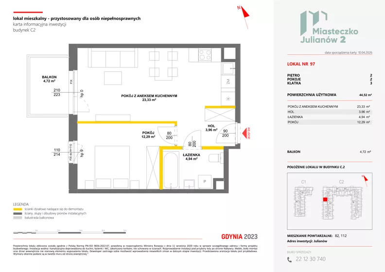 2 pokoje, mieszkanie 44,52 m², piętro 2, oferta nr C2/97, Miasteczko Julianów 2, Julianów, ul. Architektów