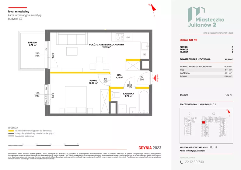 2 pokoje, mieszkanie 41,40 m², piętro 2, oferta nr C2/98, Miasteczko Julianów 2, Julianów, ul. Architektów