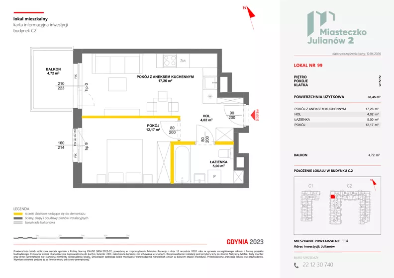 2 pokoje, mieszkanie 38,45 m², piętro 2, oferta nr C2/99, Miasteczko Julianów 2, Julianów, ul. Architektów