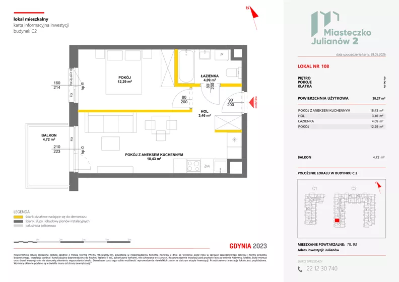 2 pokoje, mieszkanie 38,27 m², piętro 3, oferta nr C2/108, Miasteczko Julianów 2, Julianów, ul. Architektów
