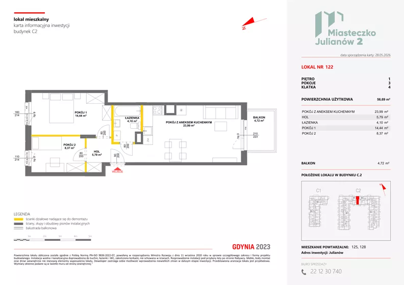 3 pokoje, mieszkanie 56,69 m², piętro 1, oferta nr C2/122, Miasteczko Julianów 2, Julianów, ul. Architektów