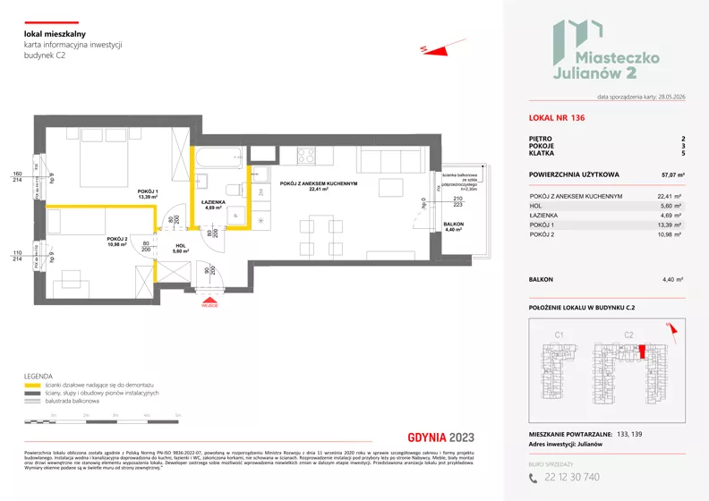3 pokoje, mieszkanie 57,07 m², piętro 2, oferta nr C2/136, Miasteczko Julianów 2, Julianów, ul. Architektów