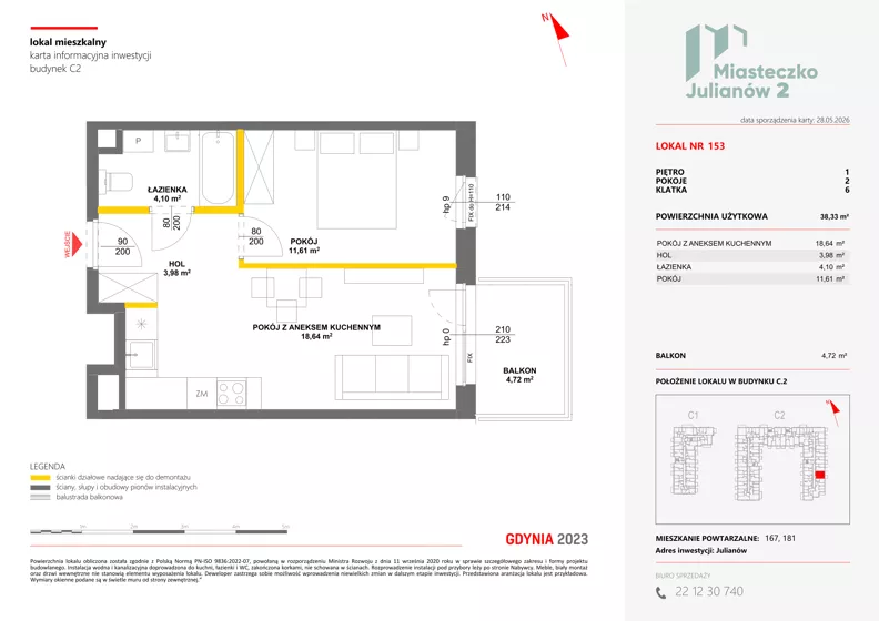 2 pokoje, mieszkanie 38,33 m², piętro 1, oferta nr C2/153, Miasteczko Julianów 2, Julianów, ul. Architektów