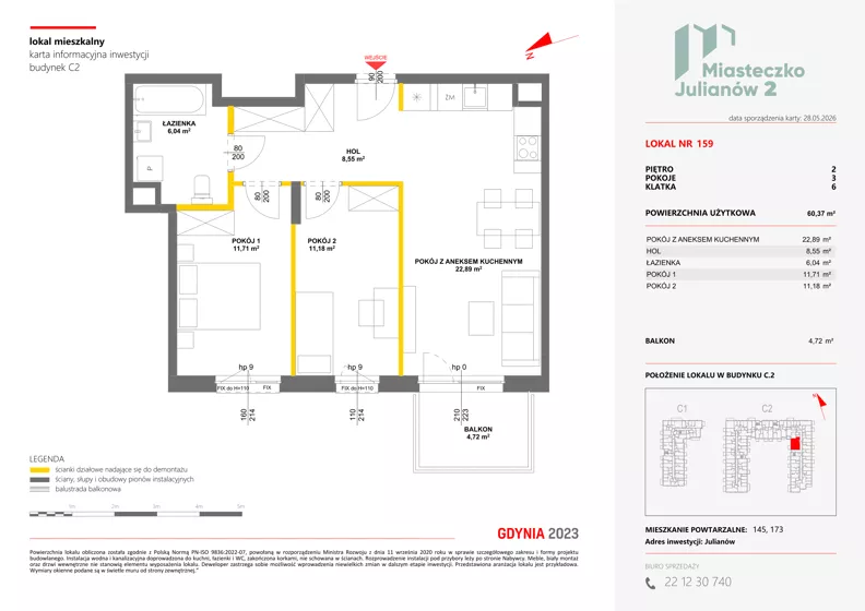 3 pokoje, mieszkanie 60,37 m², piętro 2, oferta nr C2/159, Miasteczko Julianów 2, Julianów, ul. Architektów