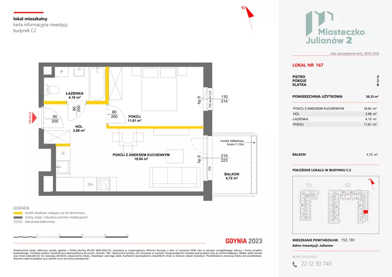 2 pokoje, mieszkanie 38,33 m², piętro 2, oferta nr C2/167, Miasteczko Julianów 2, Julianów, ul. Architektów