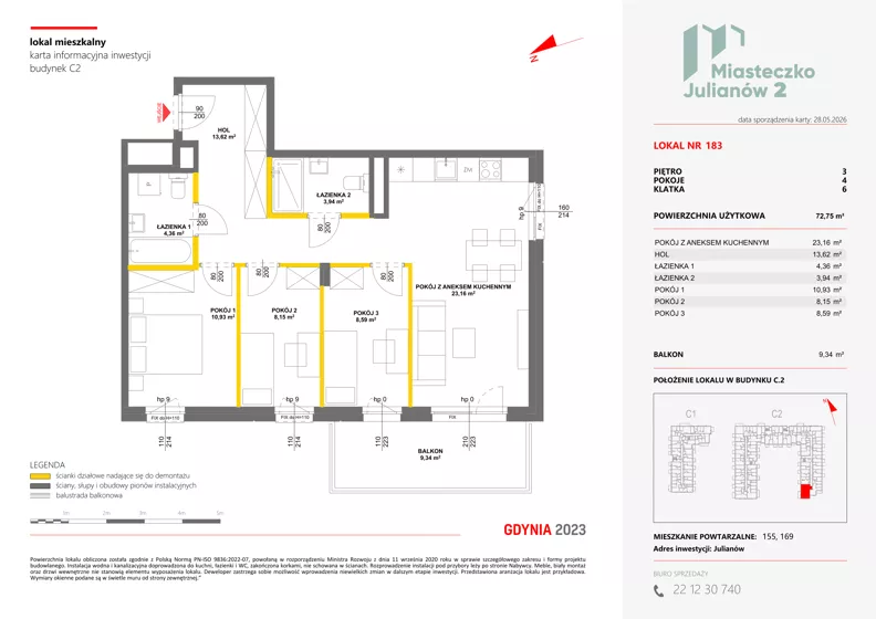 4 pokoje, mieszkanie 72,75 m², piętro 3, oferta nr C2/183, Miasteczko Julianów 2, Julianów, ul. Architektów