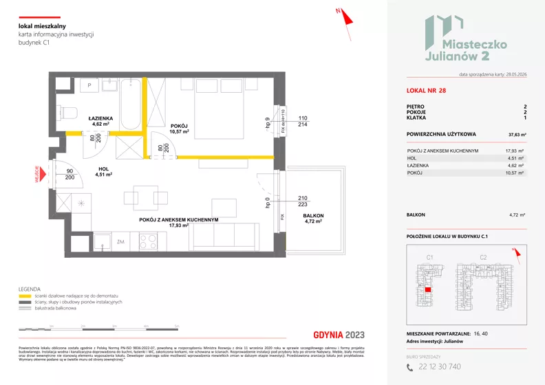 2 pokoje, mieszkanie 37,63 m², piętro 2, oferta nr C1/28, Miasteczko Julianów 2, Julianów, ul. Architektów
