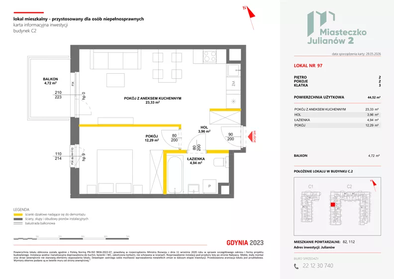 2 pokoje, mieszkanie 44,52 m², piętro 2, oferta nr C2/97, Miasteczko Julianów 2, Julianów, ul. Architektów