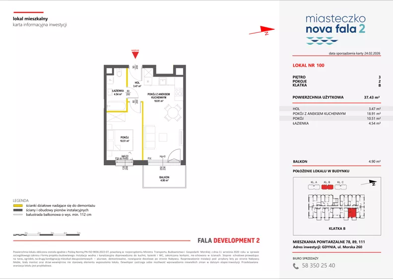 2 pokoje, mieszkanie 37,43 m², piętro 3, oferta nr II/100, Miasteczko Nova Fala 2, Gdynia, Cisowa, ul. Morska 254-262