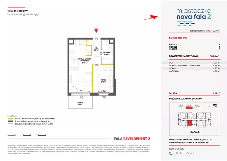 2 pokoje, mieszkanie 38,26 m², piętro 3, oferta nr II/102, Miasteczko Nova Fala 2, Gdynia, Cisowa, ul. Morska 254-262