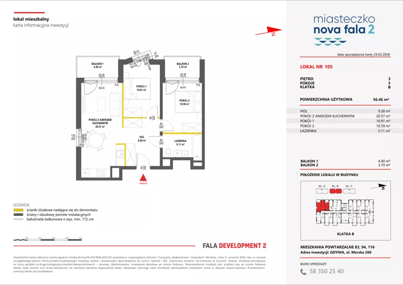 3 pokoje, mieszkanie 56,46 m², piętro 3, oferta nr II/105, Miasteczko Nova Fala 2, Gdynia, Cisowa, ul. Morska 254-262