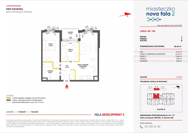 3 pokoje, mieszkanie 58,46 m², piętro 3, oferta nr II/106, Miasteczko Nova Fala 2, Gdynia, Cisowa, ul. Morska 254-262