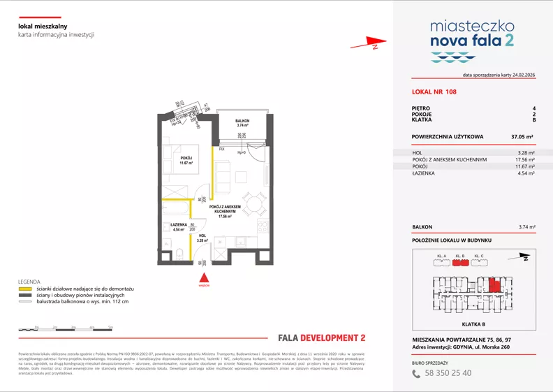 2 pokoje, mieszkanie 37,05 m², piętro 4, oferta nr II/108, Miasteczko Nova Fala 2, Gdynia, Cisowa, ul. Morska 254-262
