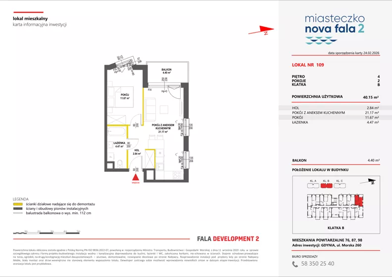 2 pokoje, mieszkanie 40,15 m², piętro 4, oferta nr II/109, Miasteczko Nova Fala 2, Gdynia, Cisowa, ul. Morska 254-262