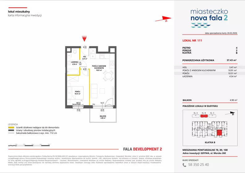 2 pokoje, mieszkanie 37,43 m², piętro 4, oferta nr II/111, Miasteczko Nova Fala 2, Gdynia, Cisowa, ul. Morska 254-262