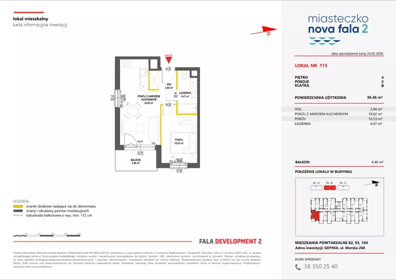 2 pokoje, mieszkanie 36,46 m², piętro 4, oferta nr II/115, Miasteczko Nova Fala 2, Gdynia, Cisowa, ul. Morska 254-262