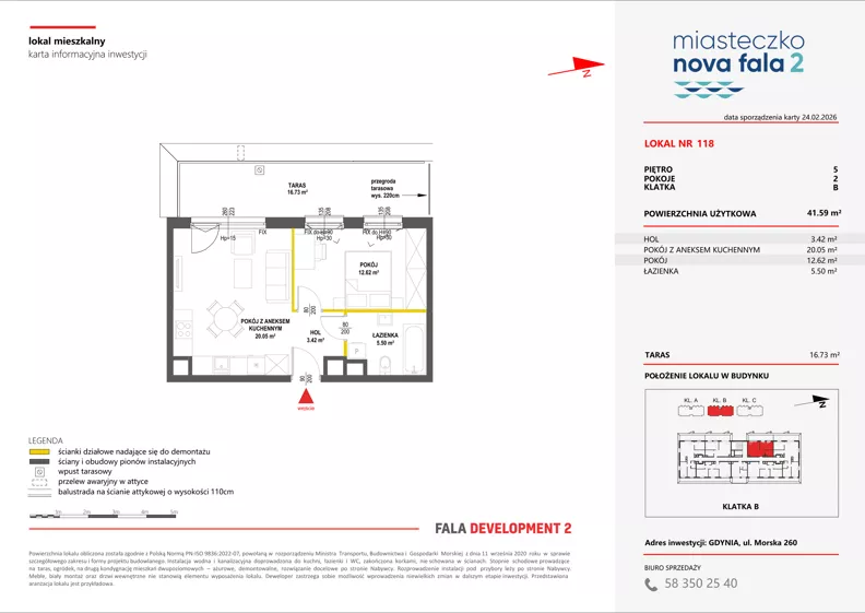 2 pokoje, mieszkanie 41,59 m², piętro 5, oferta nr II/118, Miasteczko Nova Fala 2, Gdynia, Cisowa, ul. Morska 254-262