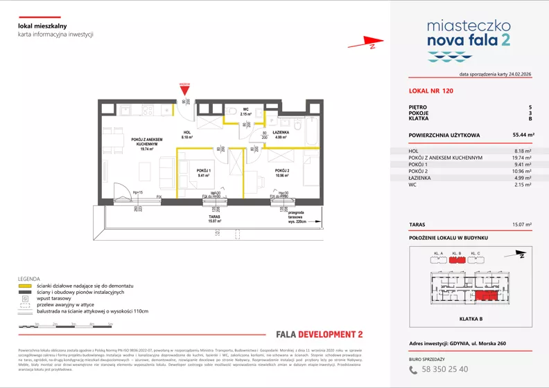3 pokoje, mieszkanie 55,43 m², piętro 5, oferta nr II/120, Miasteczko Nova Fala 2, Gdynia, Cisowa, ul. Morska 254-262