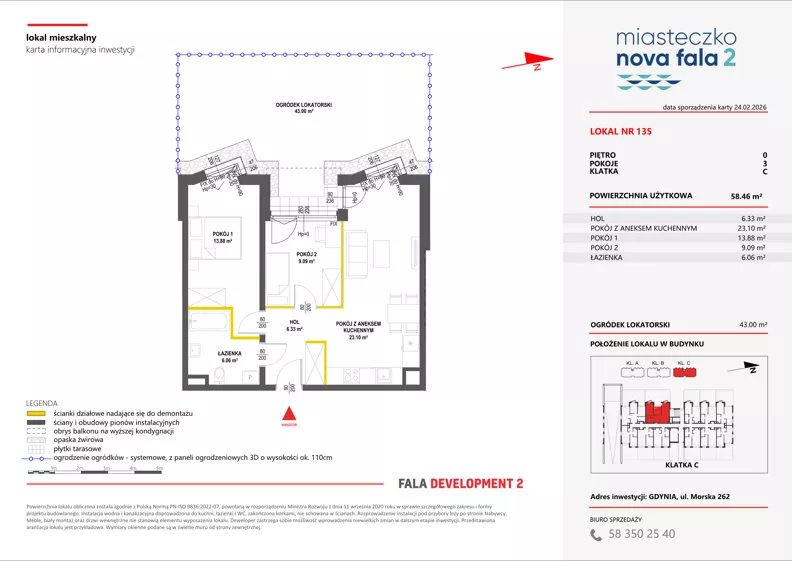 3 pokoje, mieszkanie 58,46 m², parter, oferta nr II/135, Miasteczko Nova Fala 2, Gdynia, Cisowa, ul. Morska 254-262