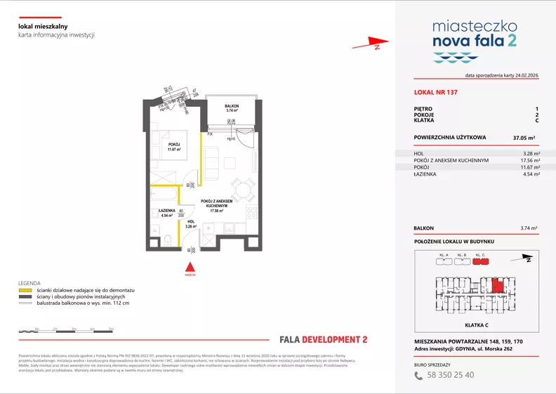 2 pokoje, mieszkanie 37,05 m², piętro 1, oferta nr II/137, Miasteczko Nova Fala 2, Gdynia, Cisowa, ul. Morska 254-262