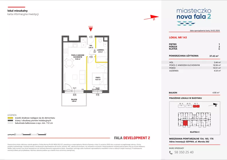 2 pokoje, mieszkanie 37,43 m², piętro 1, oferta nr II/143, Miasteczko Nova Fala 2, Gdynia, Cisowa, ul. Morska 254-262