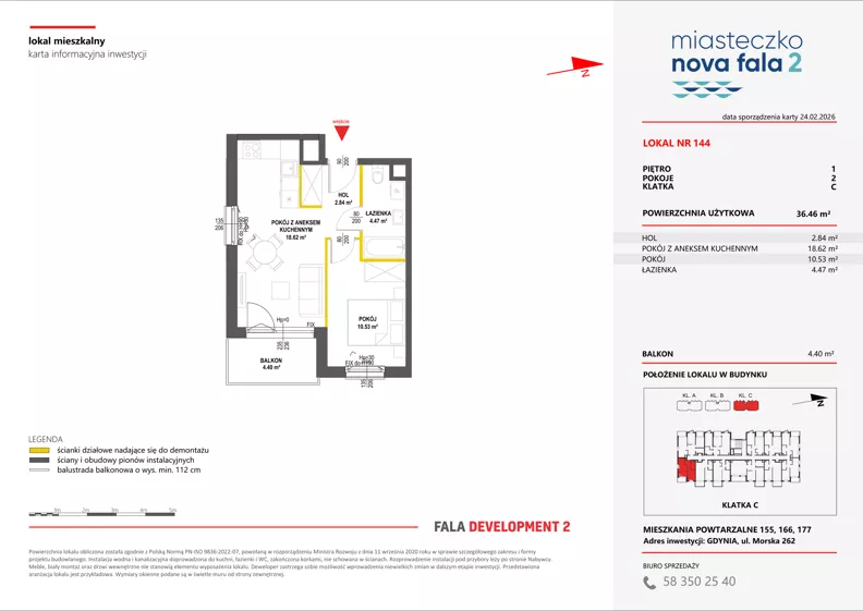2 pokoje, mieszkanie 36,46 m², piętro 1, oferta nr II/144, Miasteczko Nova Fala 2, Gdynia, Cisowa, ul. Morska 254-262